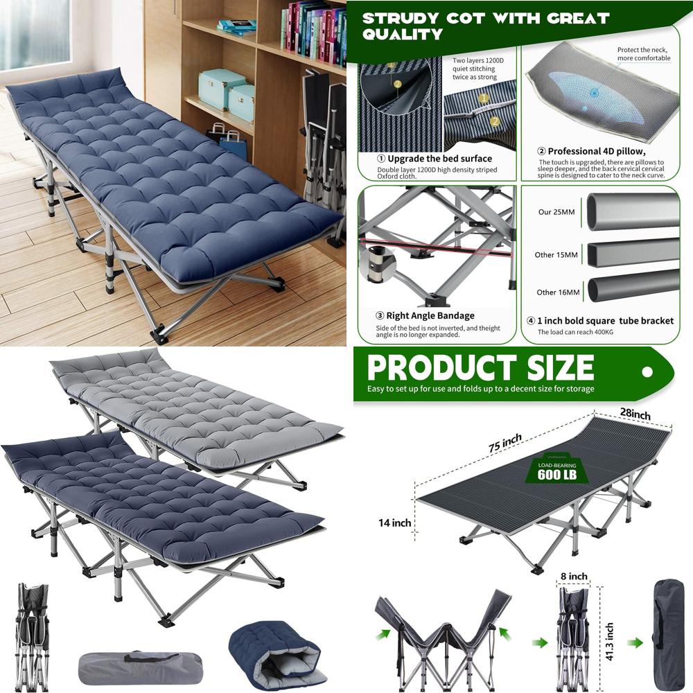 Outdoor Camping Cot - 折りたたみ式キャンプ用コット（大人用）、マット付きポータブルコット、頑丈な屋外用ベッド（キャリーバッグ付き）、1200d生地製スレンコットまたはキャンプ用