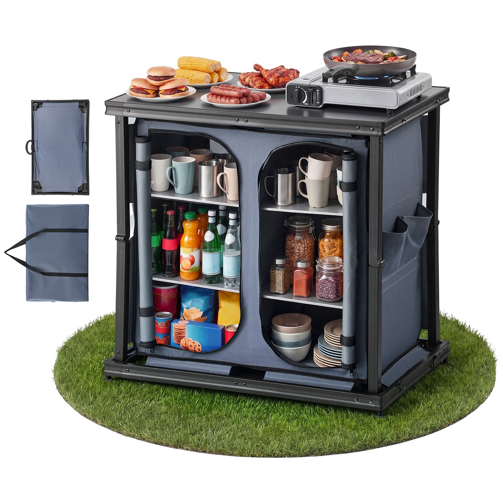 Outdoor Camping Kitchen Setup - 折りたたみ式キャンプ用収納キャビネット、屋外用ポータブルアルミ軽量テーブル、クイックセットアップコンパクトキッチン調理台、6段棚とキャリーバッグ付き、ピクニック、バーベキュー、キャンプ、RV旅行に最適