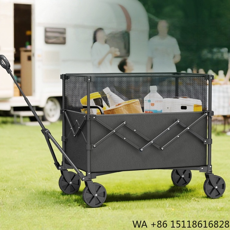 Outdoor Camping Table - 耐久性のある防錆鋼製フレーム、折りたたみ式、通気性、多機能、大容量、四輪ユーティリティワゴン、ショッピング、キャンプ用品