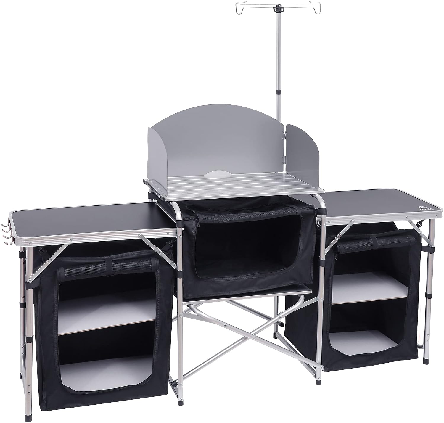 Outdoor Camping Kitchen Setup - 折りたたみ式キャンプキッチンテーブルクックステーションアップグレードライトスタンドウィンドシールド3つのオーガナイザーキャリーバッグ付き屋外ビーチバーベキューピクニッククッキングセットアップ、シルバー