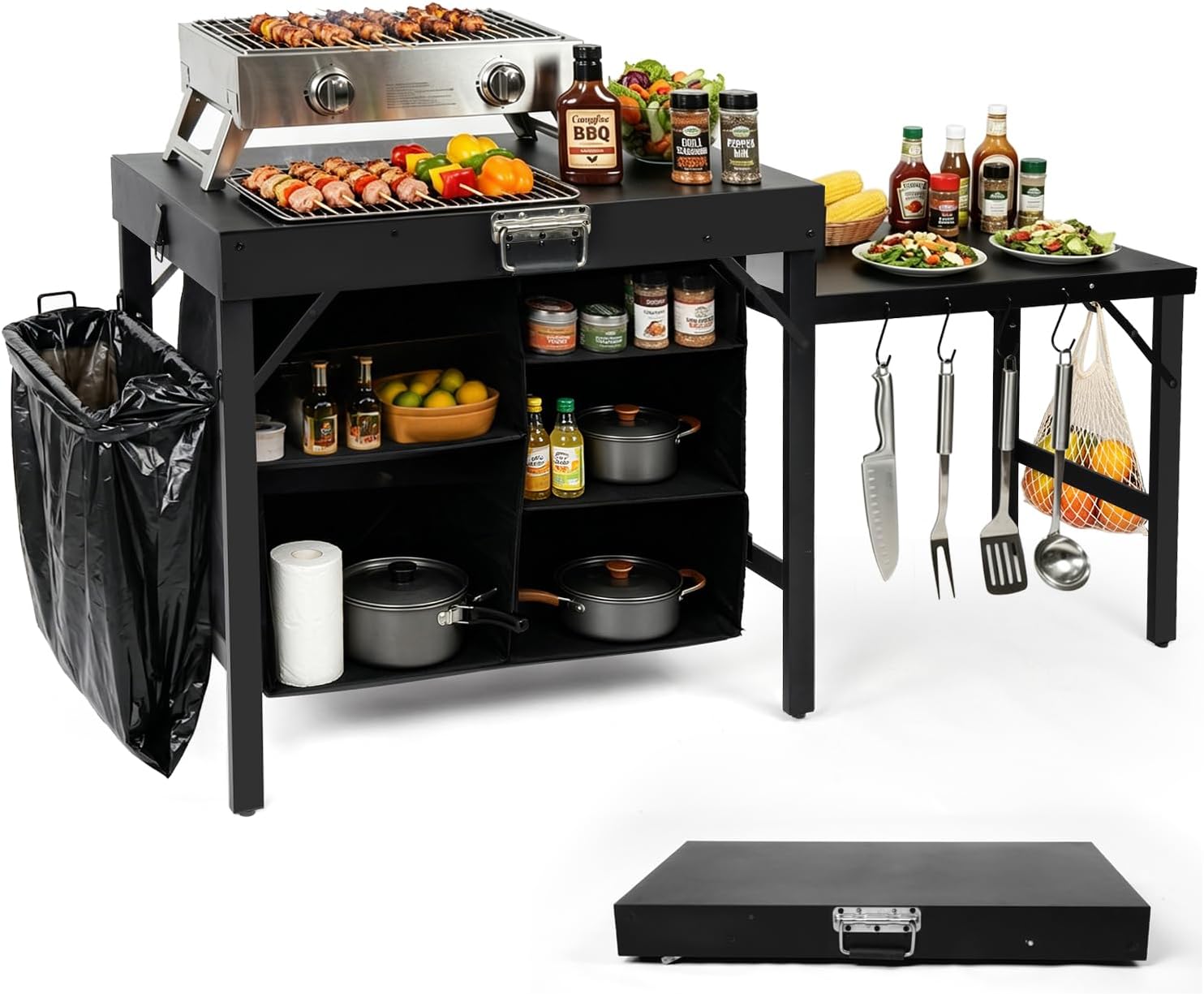 Outdoor Camping Kitchen Setup - ポータブル折りたたみ式グリドルスタンド、収納棚付き、頑丈なキャンプキッチンテーブル、屋外調理セットアップ、バーベキューピクニックパティオデッキユーティリティステーションホルダーラック、ブラック