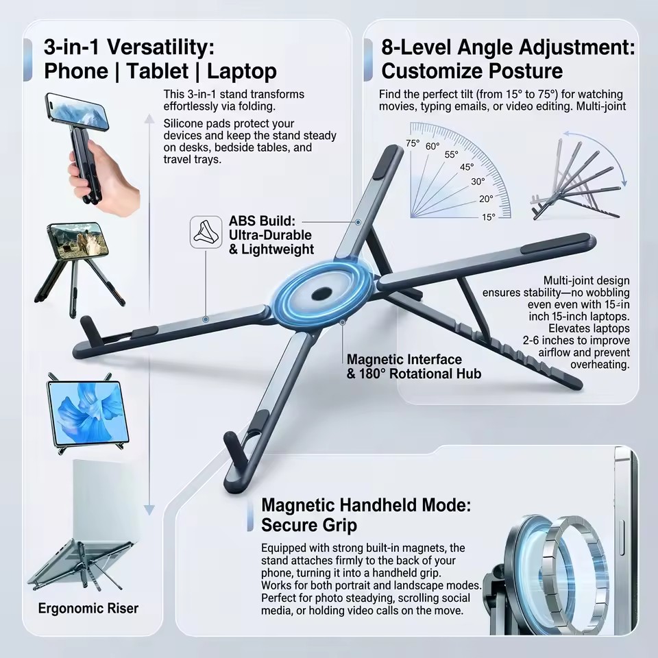 Outdoor Camping Table - 携帯電話用マグネット式ホルダー＆自撮り棒 3-in-1 折りたたみ式三脚スタンド iPhone、iPad、タブレット、ノートパソコン、デスクトップ用