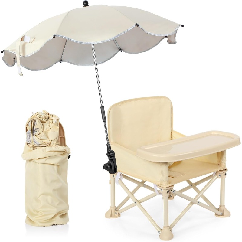 Outdoor Camping Loveseat - ベビー用屋外ビーチチェア、傘付き背もたれポケット、シートベルト、折りたたみ式幼児用食事椅子、ダイニングテーブル、キャンプ、食事用