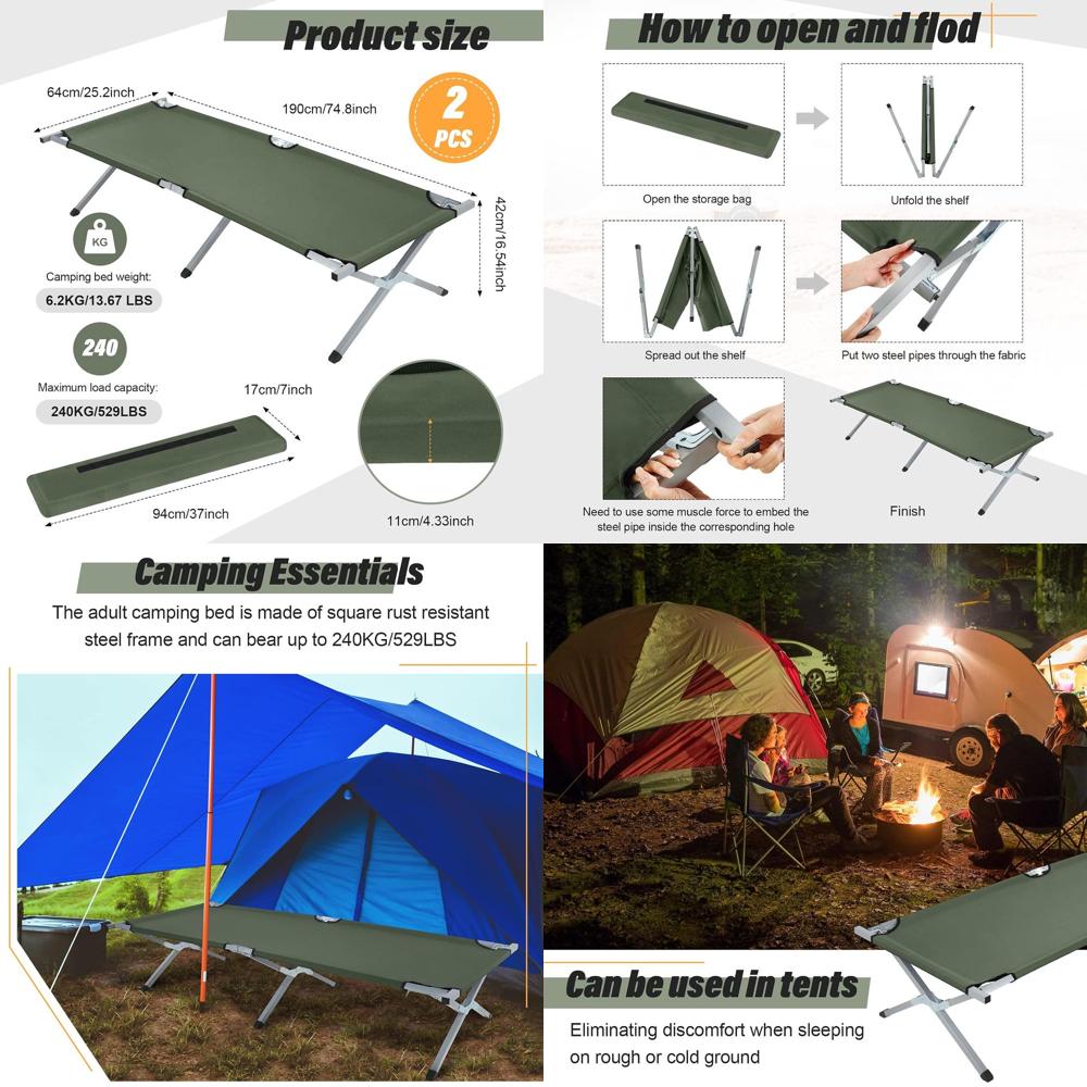 Outdoor Camping Cot - 2個セット 折りたたみ式キャンプ用簡易ベッド キャリーバッグ付き ポータブルテント ツインコット アーミーミリタリー