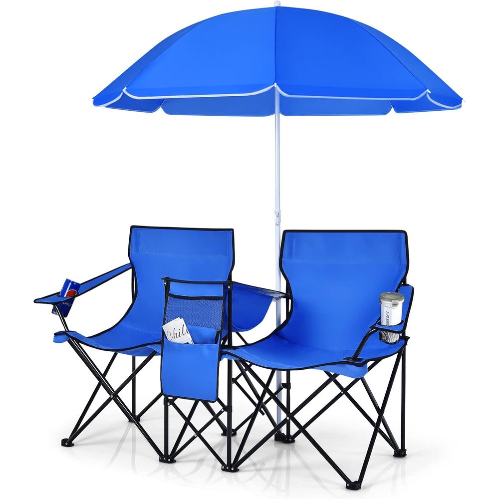 Outdoor Camping Loveseat - 持ち運び可能な折りたたみ式ピクニックチェア、取り外し可能な傘、クーラーバッグ、カップホルダー付き、ビーチやキャンプに最適、ブルー