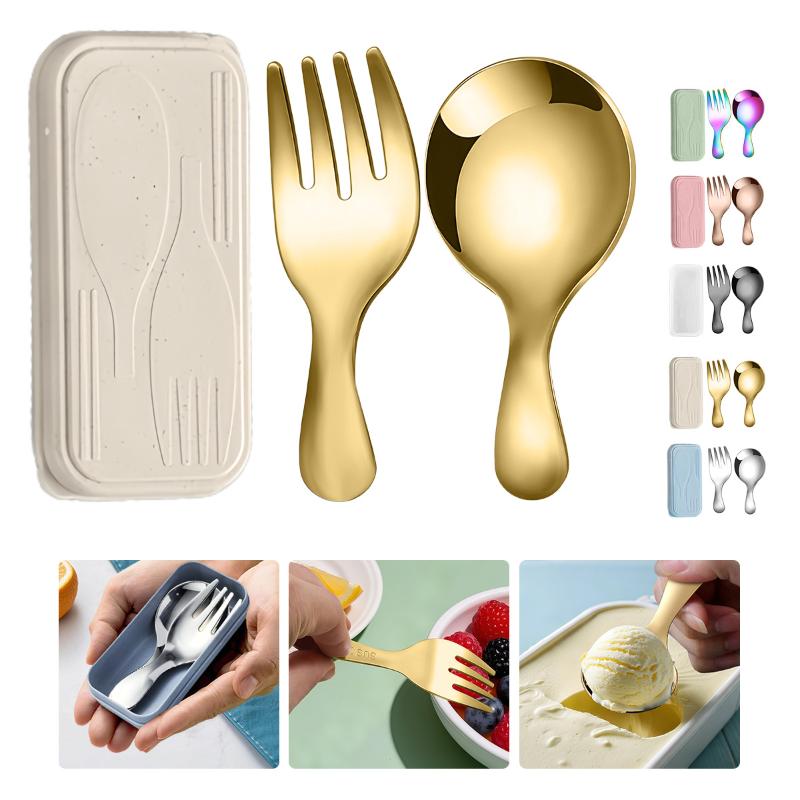 Cooking Outdoor Camping - ステンレス鋼食器セットスプーンフォーク 2Pc ポータブルボックス付きアウトドアキャンプカトラリーランチハイキングキャンプ調理旅行食器