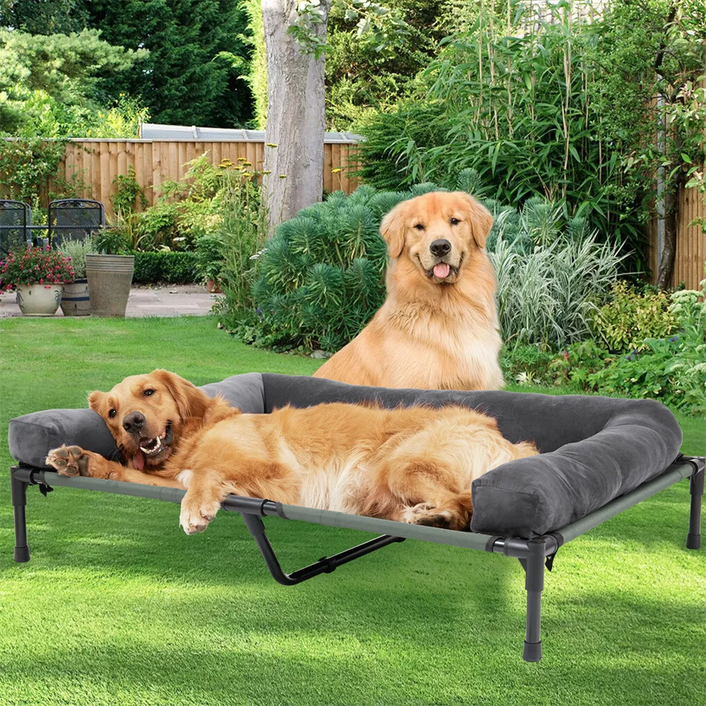 Outdoor Camping Cot - BINGOPAW屋外用犬用ベッド、高床式冷却ペット用ラウンジャー、取り外し可能なプラッシュボルスター付きメッシュコット、キャンプ用睡眠用具