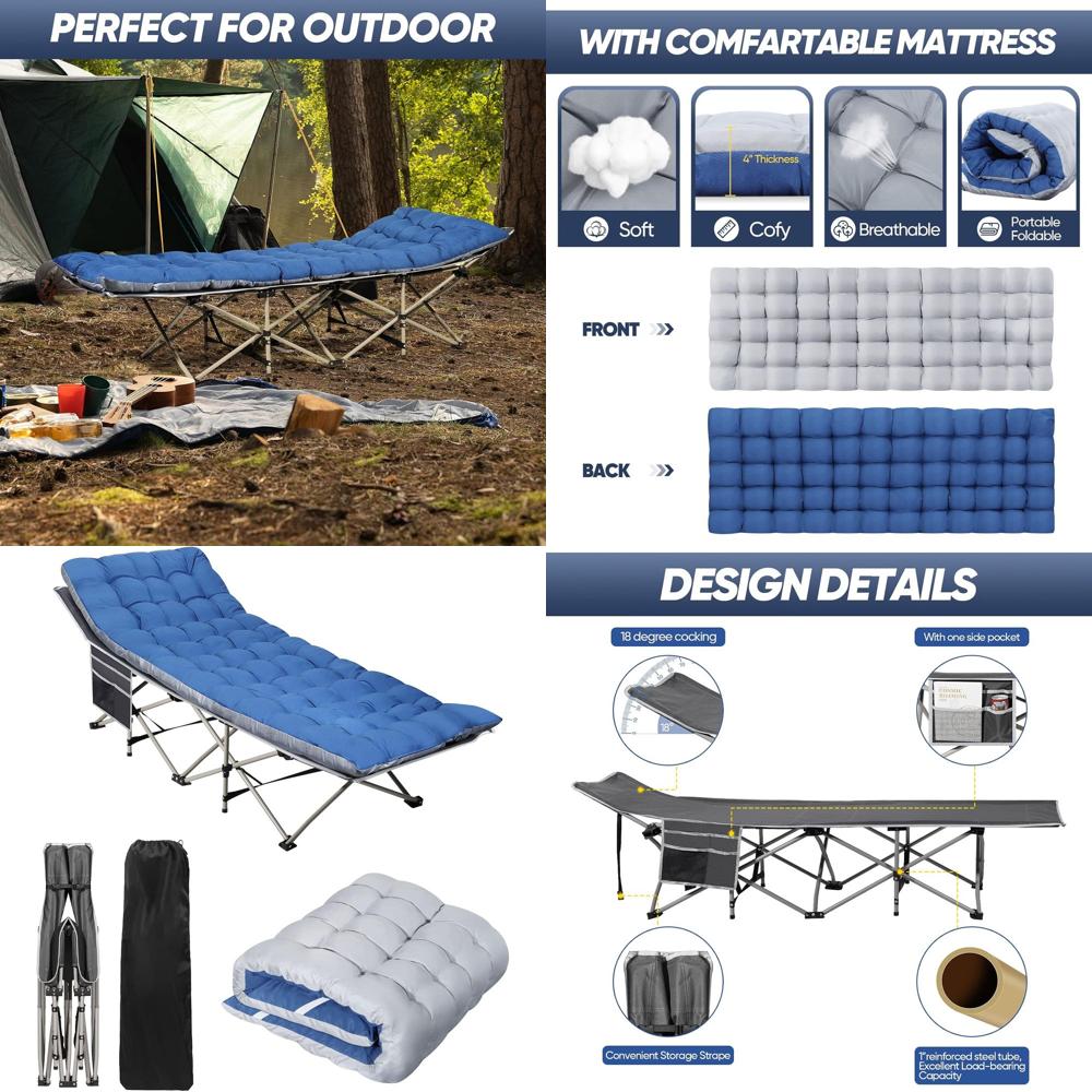 Outdoor Camping Cot - ポータブルキャンプ用コット（マットレス付き）-屋外用折りたたみ式ヘビーデューティーサイドポケット付きベッド（大人用）-シングルラウンジチェアまたはキャンプ用