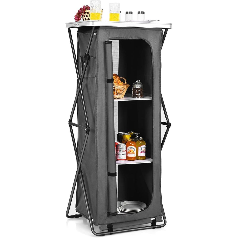 Outdoor Camping Kitchen Setup - 3段の棚とキャリーバッグ付きの折りたたみ式キャンプ用収納キャビネット、ポータブルアウトドアオーガナイザーキッチンテーブル、クイックセットアップまたはバーベキュー、ピクニックに最適