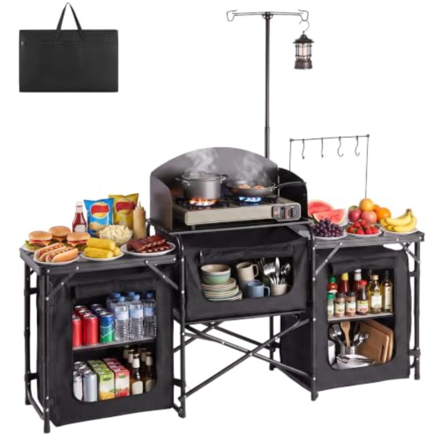 Outdoor Camping Kitchen Setup - 折りたたみ式キャンプテーブル、屋外用ポータブルテーブル、クイックセットアップキッチン調理台、収納オーガナイザー付き、伸縮式脚、D型