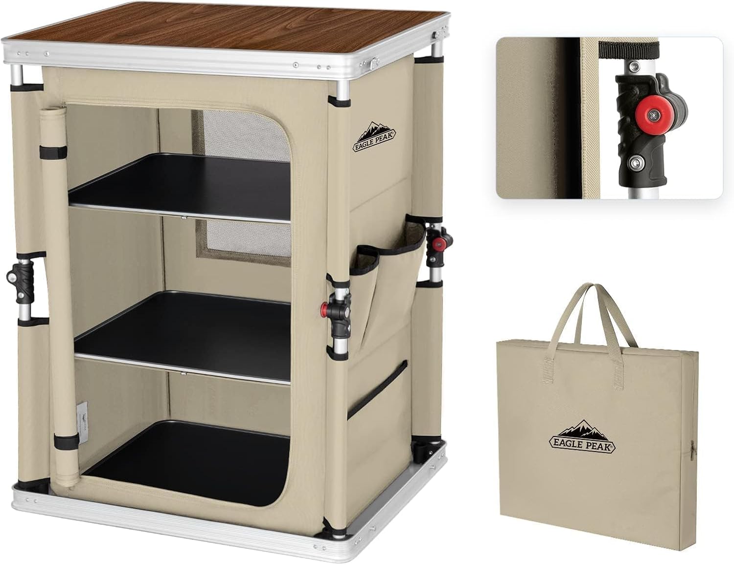 Outdoor Camping Kitchen Setup - 屋外折りたたみ式キャンプテーブル、大型3段収納オーガナイザーとサイドポケット付き、簡単設置、ポータブルアルミ製キャンプキッチンカウンタートップ収納キャビネット、ベージュ