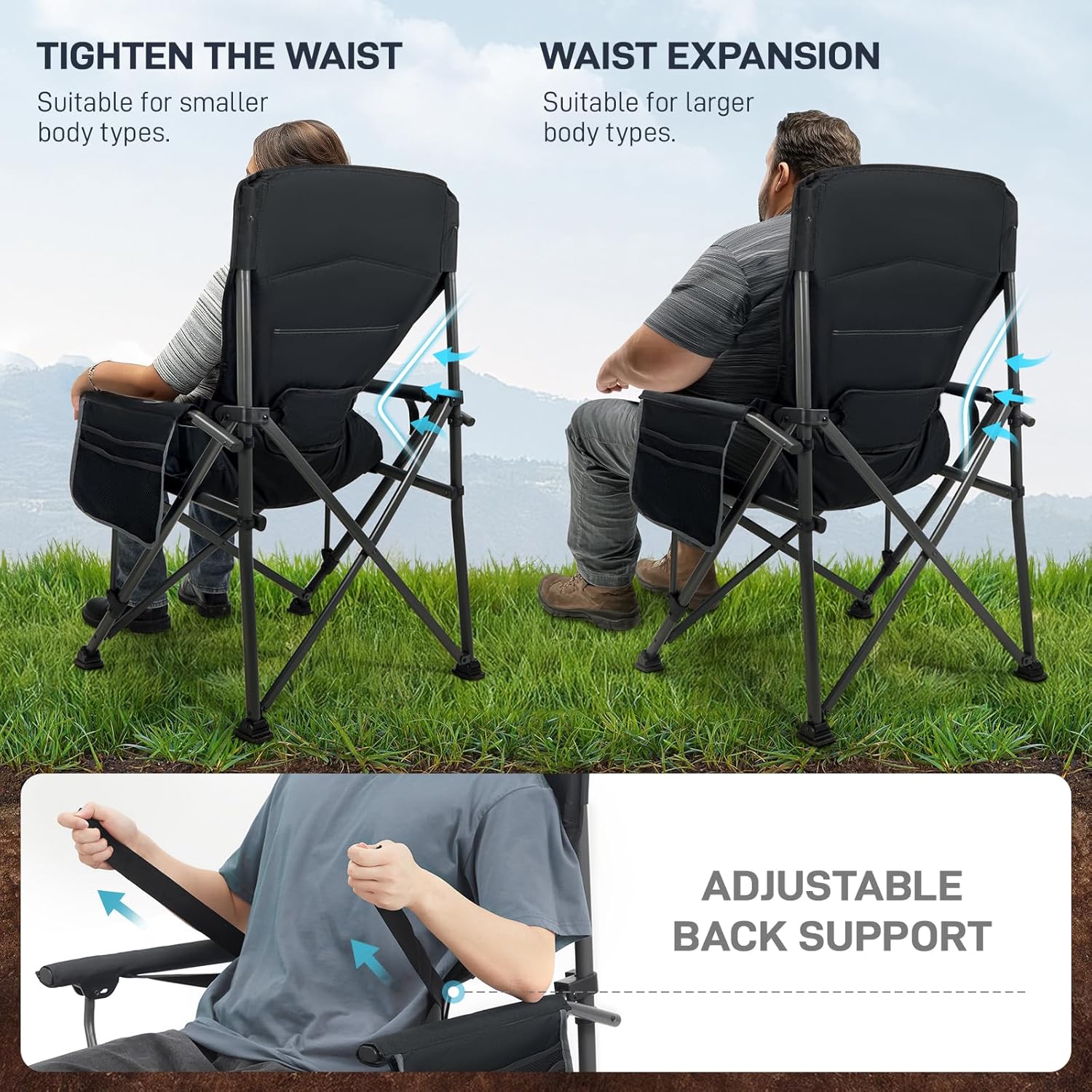 頑丈な特大サイズの四つ折りキャンプチェア（大人用）、調節可能 - Camping Quad のレビューと価格