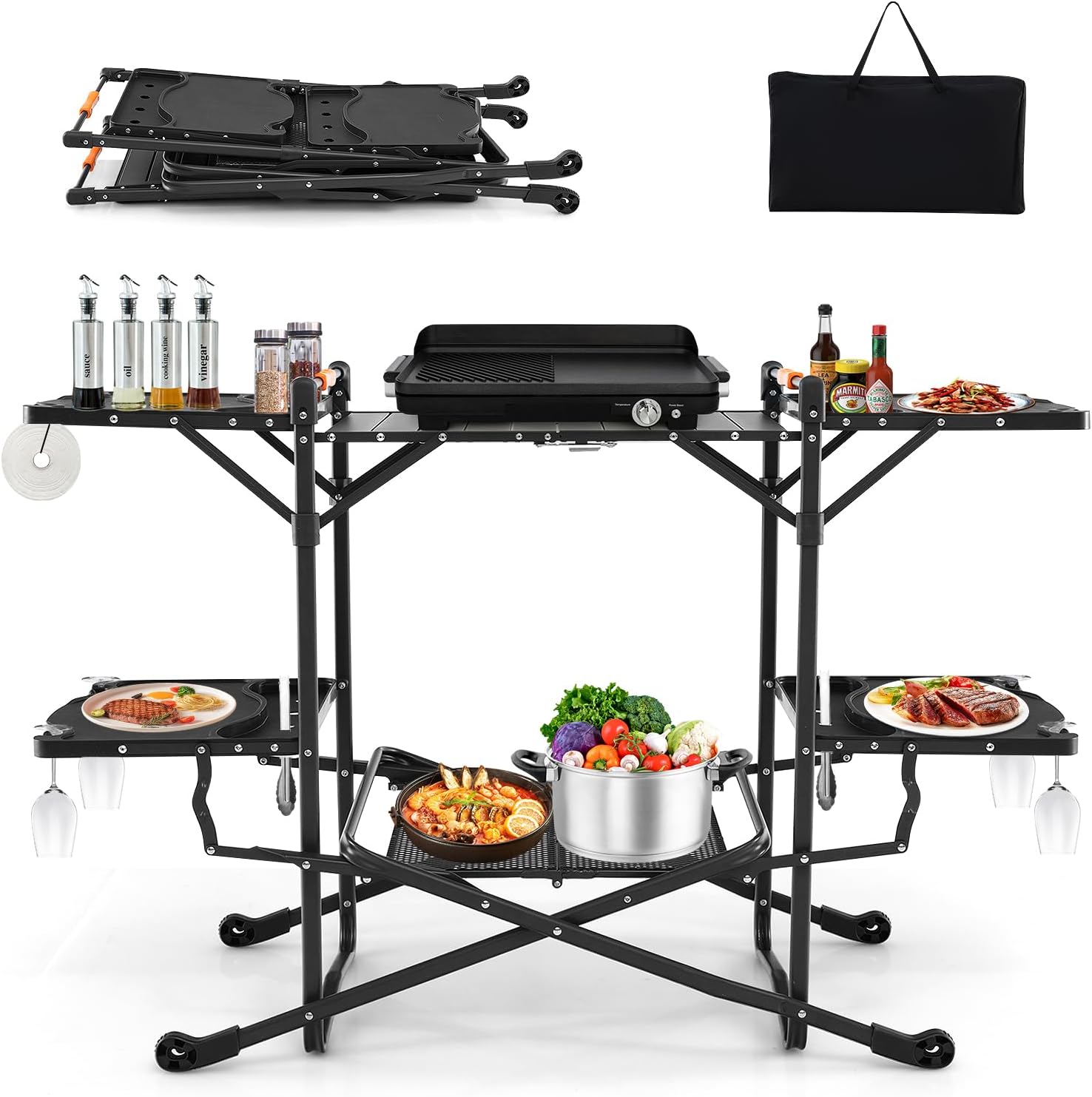 耐熱トップ、4つのサイドテーブル、収納ラック付きのポータブル - Outdoor Camping Kitchen Setup のレビューと価格