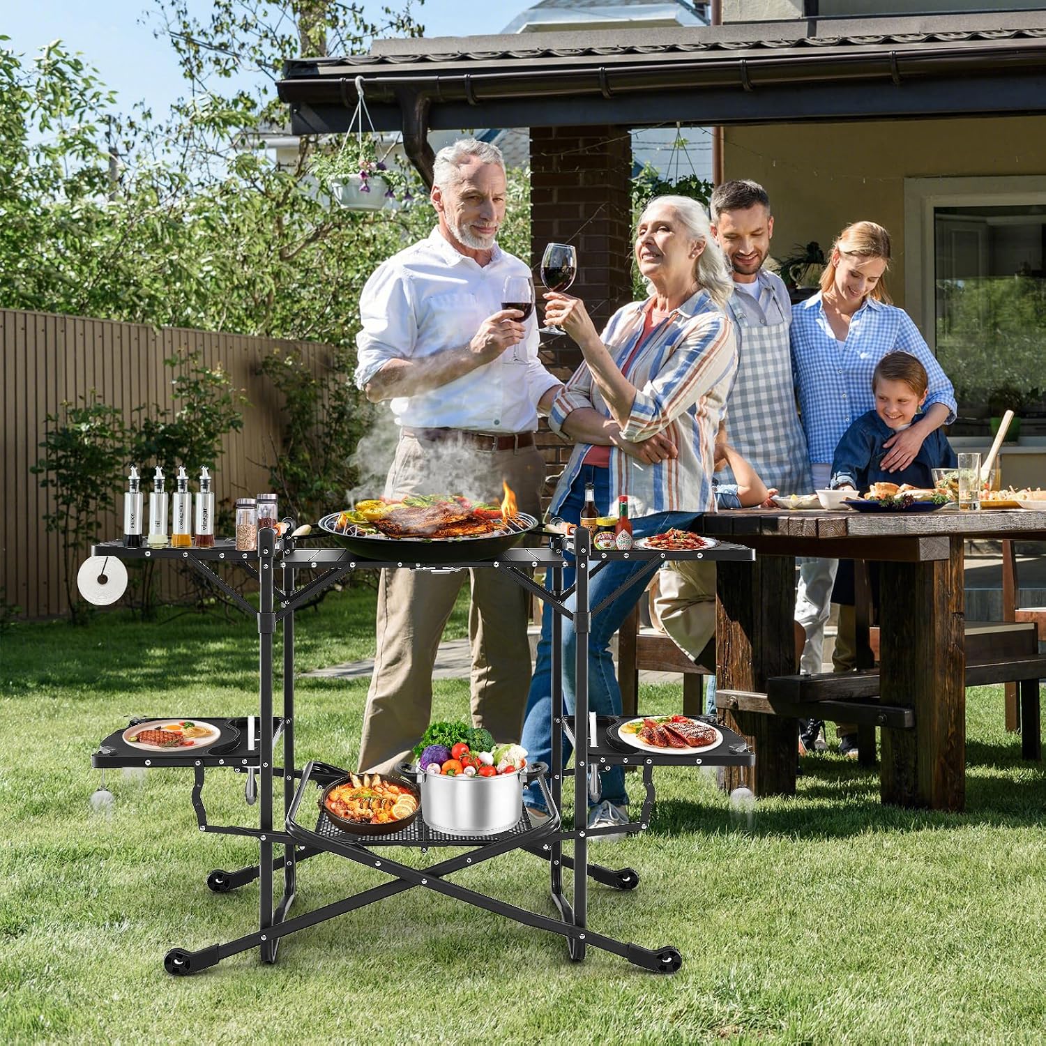 耐熱トップ、4つのサイドテーブル、収納ラック付きのポータブル - Outdoor Camping Kitchen Setup のレビューと価格