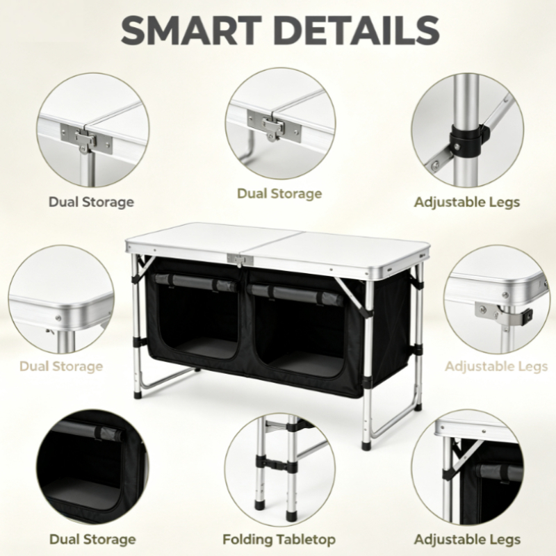 シルバーアルミ製折りたたみ式キャンプテーブル、二つの収納コン - Outdoor Camping Kitchen Setup のレビューと価格