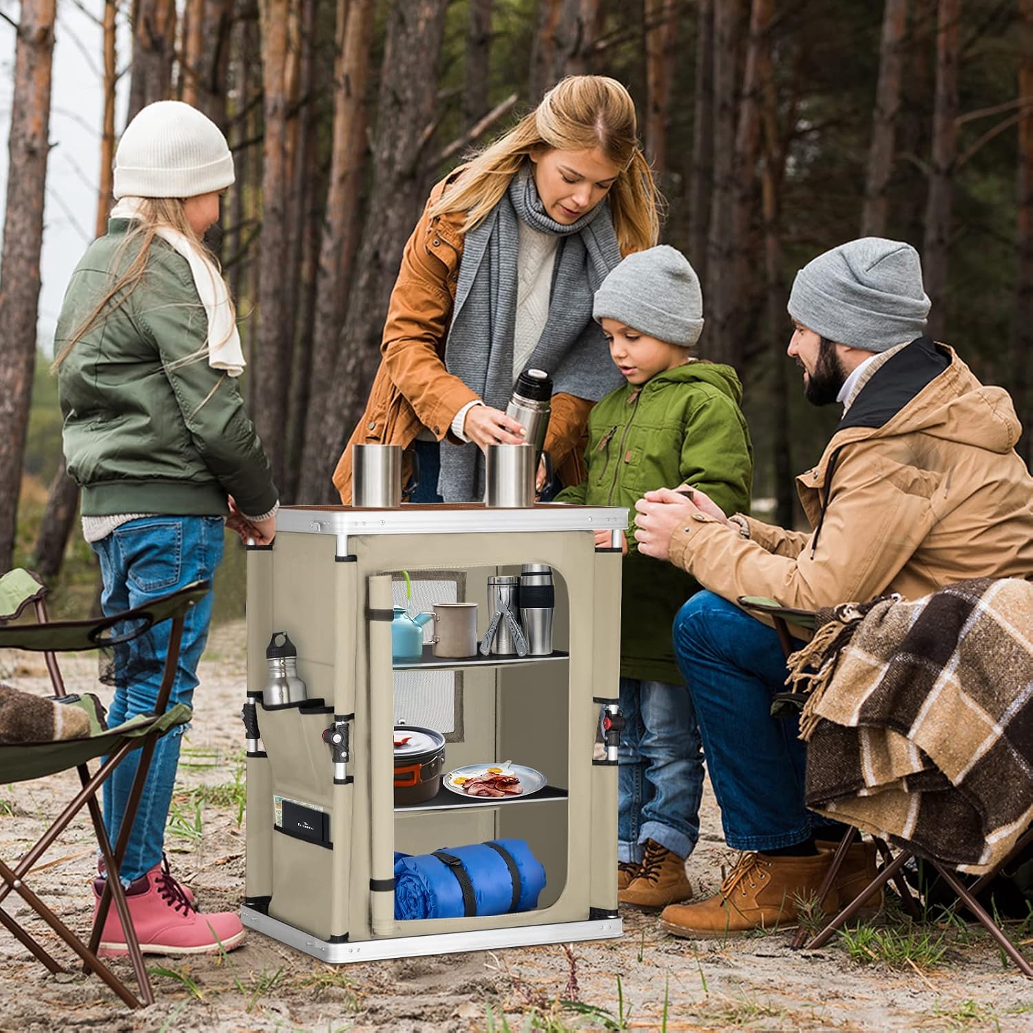屋外折りたたみ式キャンプテーブル、大型3段収納オーガナイザー - Outdoor Camping Kitchen Setup のレビューと価格