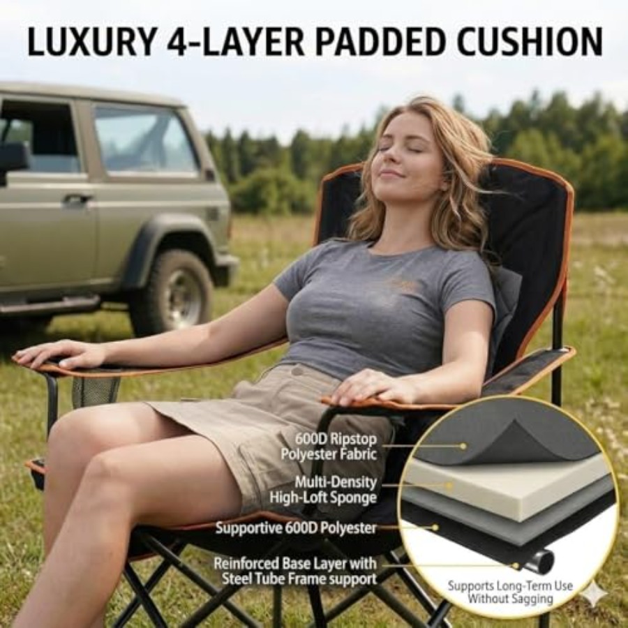 特大パッド入りキャンプチェア2脚セット 350ポンド耐荷重  - Camping Quad のレビューと価格