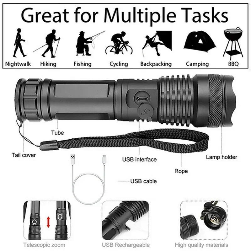 ハイパワー XHP70 LED 懐中電灯 USB-C 充電式 - Outdoor Camping Lamp のレビューと価格